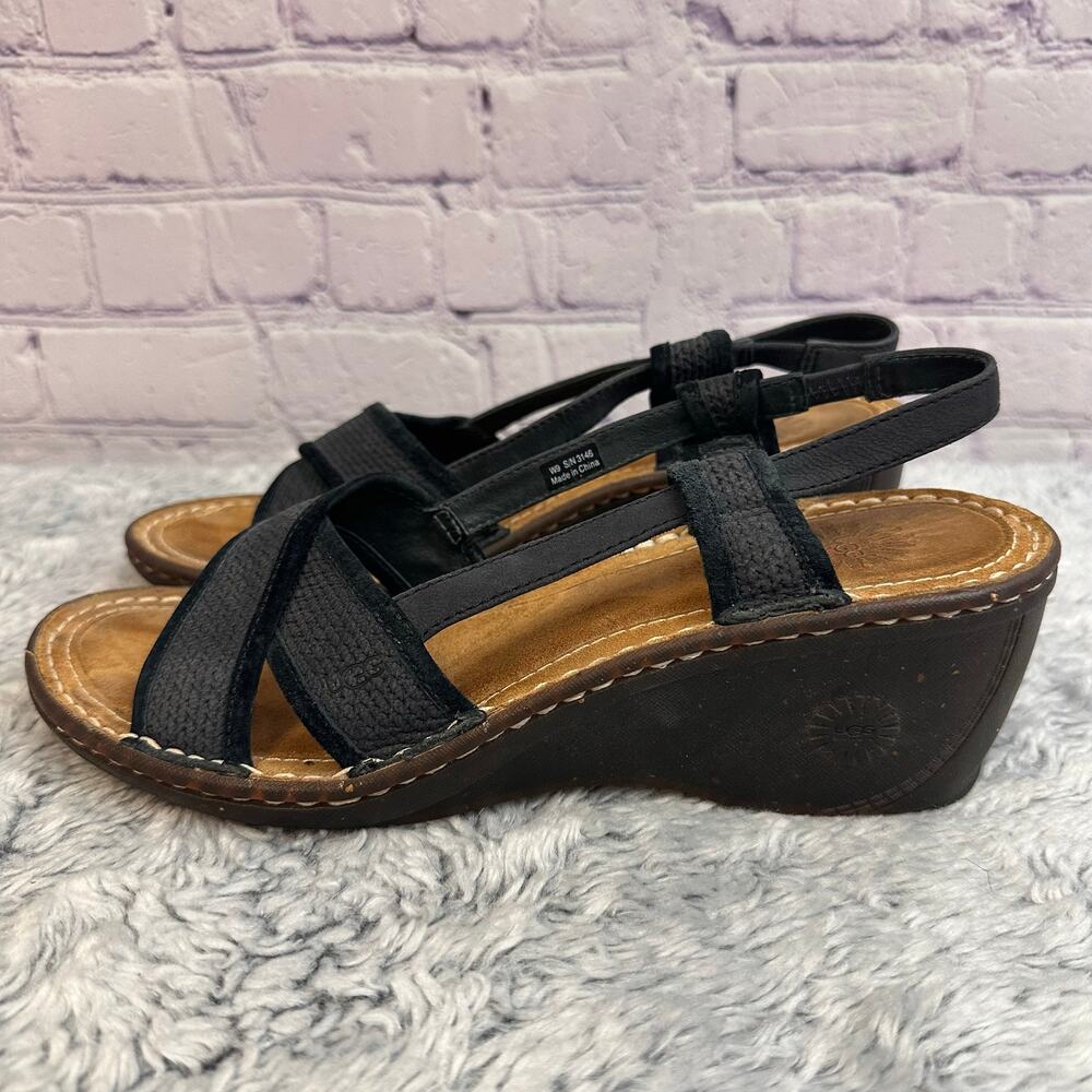UGG Mayley Slingback Wedge Sandals Black Strappy Women's 9 Summer - Picture 4 of 9